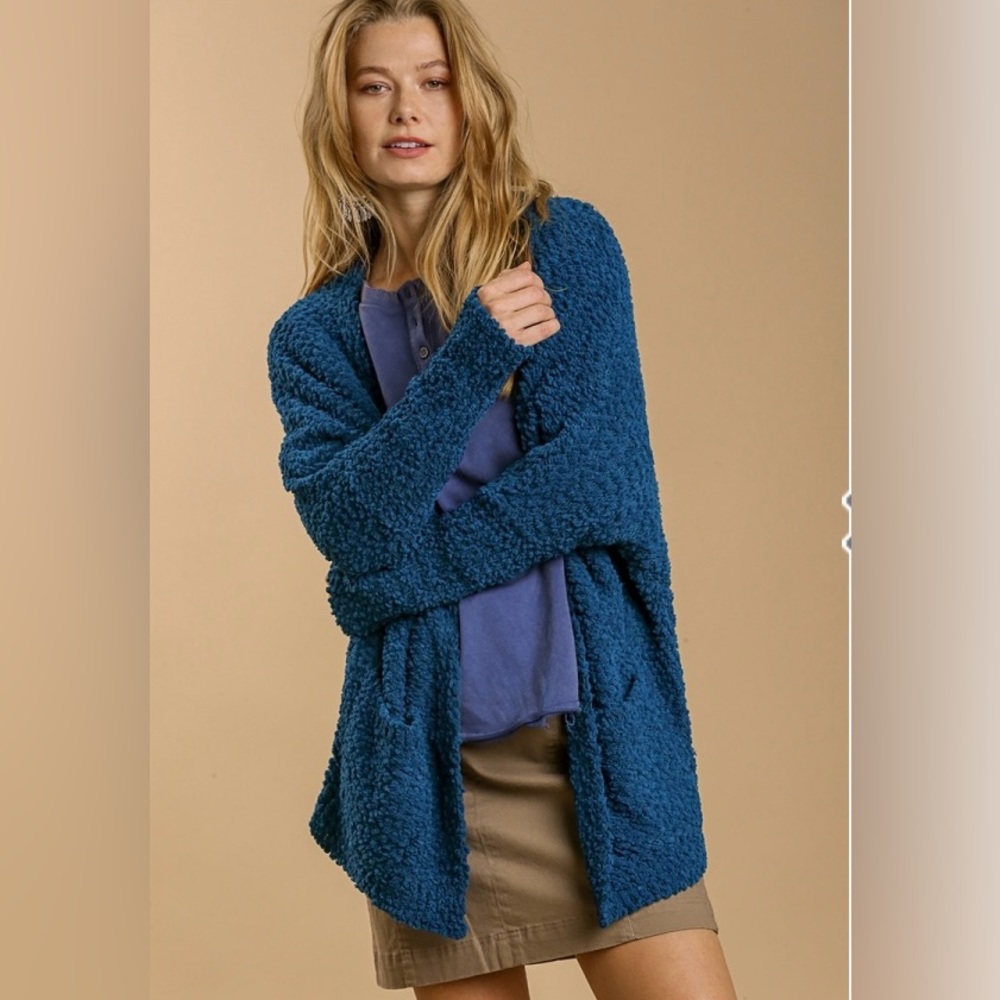 NWT UMGEE Open Front Oversized Cozy Nuby Cardigan Sweater Peacock Blue S M L